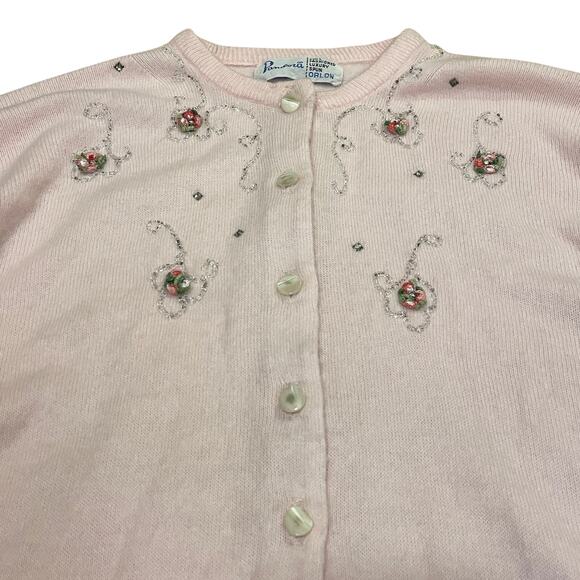 Rare 50's Pandora Orlon Pink Cardigan Sweater | Beads Floral Rhinestones Vintage - Picture 9 of 11